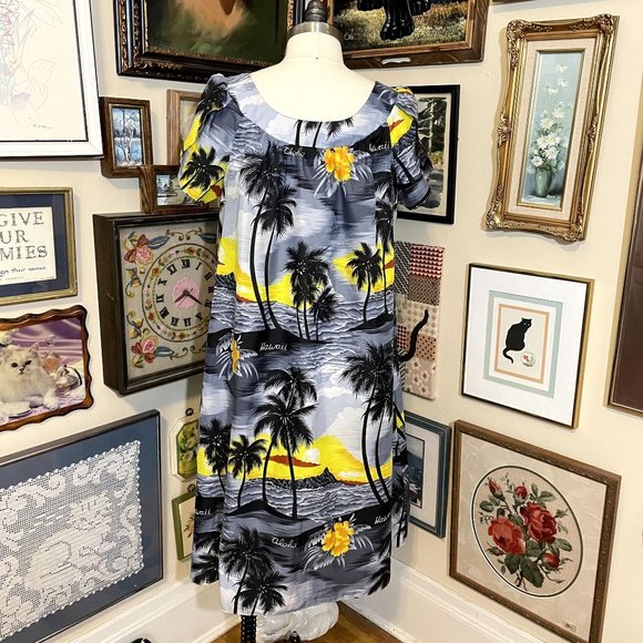 Royal Creations Gray Yellow Black Stormy Hawaiian Sunset Midi Muu Muu Size L - Picture 3 of 5